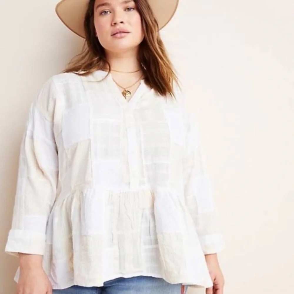 Anthropologie Maeve The Zoe Patchwork Swing Blouse S Cream Linen Cotton Henley